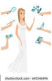 Young caucasian bride in white dress and many hands around her that hold photo camera, brush, comb, bouquet of flowers, shoe, eye shadow. Vector flat design illustration isolated on white background.