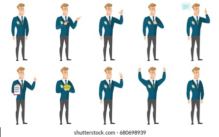 Young caucasian bridegroom giving thumb up. Full length of smiling bridegroom with thumb up. Cheerful bridegroom showing thumb up. Set of vector flat design illustrations isolated on white background.