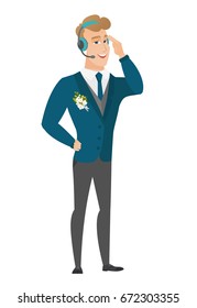 Young caucasian bridegroom in headset with microphone. Full length of bridegroom in headset with microphone. Vector flat design illustration isolated on white background.