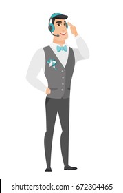Young caucasian bridegroom in headset with microphone. Full length of bridegroom in headset with microphone. Vector flat design illustration isolated on white background.