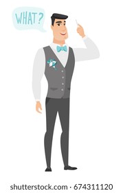 Young caucasian bridegroom with question what in speech bubble. Full length of smiling bridegroom with text what in speech bubble. Vector flat design illustration isolated on white background.