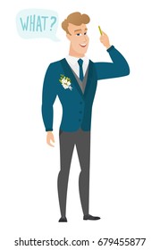 Young caucasian bridegroom with question what in speech bubble. Full length of smiling bridegroom with text what in speech bubble. Vector flat design illustration isolated on white background.