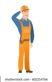Joven constructor caucásico con sombrero duro riéndose. El creador se ríe con las manos en la cabeza. El creador se ríe con los ojos cerrados y la boca abierta. Ilustración de diseño plana vectorial aislada en fondo blanco.