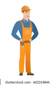 Joven constructor caucásico riendo. Constructor riéndose con las manos en el estómago. El creador se ríe con los ojos cerrados y la boca abierta. Ilustración de diseño plana vectorial aislada en fondo blanco.