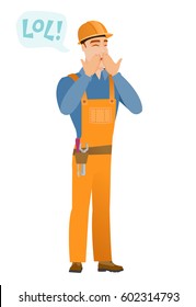Young caucasian builder laughing out loud. Builder and speech bubble with text - lol. Builder laughing out loud and covering his mouth. Vector flat design illustration isolated on white background.