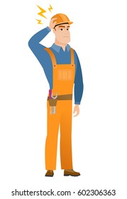 Joven constructor caucásico con un rayo sobre la cabeza. Largo de todo el edificio con relámpago. Constructor confiado parado bajo un rayo. Ilustración de diseño plana vectorial aislada en fondo blanco.