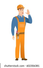 Joven constructor caucásico perdió y pidiendo ayuda. Largo tiempo completo del constructor pidiendo ayuda. Constructor en problemas pidiendo ayuda. Ilustración de diseño plana vectorial aislada en fondo blanco.