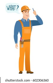 Young caucasian builder with question what in speech bubble. Full length of smiling builder with text what in speech bubble. Vector flat design illustration isolated on white background.
