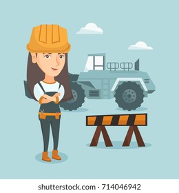 Young caucasian builder standing with crossed arms. Confident female builder in hard hat standing on the background of road barrier and excavator. Vector cartoon illustration. Square layout.