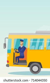 Young caucasian bus driver sitting at steering wheel. Hipster bus driver with beard driving a passenger bus. Smiling bus driver sitting in the driver cab. Vector cartoon illustration. Vertical layout.