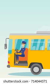 Young caucasian bus driver sitting at steering wheel. Female bus driver driving a passenger bus. Smiling bus driver sitting in the driver cab. Vector cartoon illustration. Vertical layout.