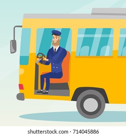 Joven conductor caucásico de autobús sentado al volante. Conductor de autobús Hipster con barba conduciendo un autobús de pasajeros. Conductor sonriente sentado en el taxi. Ilustración de dibujos animados. Diseño cuadrado.