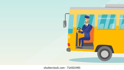 Young caucasian bus driver sitting at steering wheel. Hipster bus driver with beard driving a passenger bus. Happy bus driver sitting in the driver cab. Vector cartoon illustration. Horizontal layout.