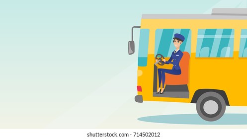 Young caucasian bus driver sitting at steering wheel. Female bus driver driving a passenger bus. Smiling bus driver sitting in the driver cab. Vector cartoon illustration. Horizontal layout.