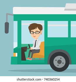 Young caucasian bus driver sitting at steering wheel. Female bus driver driving a passenger bus. Smiling bus driver sitting in the driver cab. Vector cartoon illustration. Square layout.