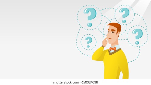 Young caucasian business man thinking. Thinking business man standing under question marks. Thinking business man surrounded by question marks. Vector flat design illustration. Horizontal layout.