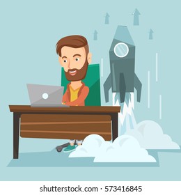 Young caucasian business man working on a laptop on business start up and business start up rocket taking off behind him. Business start up concept. Vector flat design illustration. Square layout.