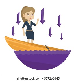 Young caucasian business woman bankrupt standing in sinking boat and arrows behind her pointing down symbolizing business bankruptcy. Vector flat design illustration isolated on white background.