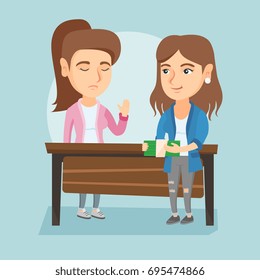 Young caucasian business woman giving a bribe to an executive. Not corrupted executive refusing to take a bribe. Honest executive rejecting to take a bribe. Vector cartoon illustration. Square layout.