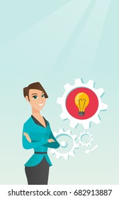 Young caucasian business woman having a creative idea. Happy business woman with business idea lightbulb in cogwheel. Concept of successful business idea. Vector cartoon illustration. Vertical layout.