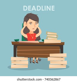 Young caucasian business woman having problem with deadline. Stressful business woman sitting at workplace and clutching her head because of missed deadline. Vector cartoon illustration. Square layout