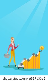 Young caucasian business woman looking at profit chart with robotic arm. Concept of receiving a profit from the use of robotic technologies. Vector cartoon illustration. Vertical layout.