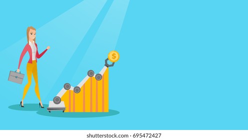 Young caucasian business woman looking at profit chart with robotic arm. Concept of receiving a profit from the use of robotic technologies. Vector cartoon illustration. Horizontal layout.