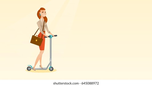 Young caucasian business woman riding a kick scooter. Business woman with briefcase riding to work on kick scooter. Business woman on kick scooter. Vector flat design illustration. Horizontal layout.