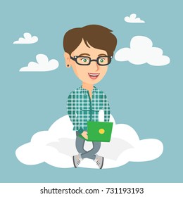 Young caucasian business woman sitting on the cloud and working on a laptop. Business woman using cloud computing technologies. Concept of cloud computing. Vector cartoon illustration. Square layout.