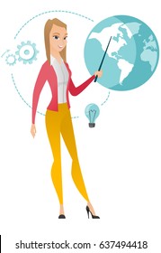 Young caucasian business woman standing in front of globe. Full length of business woman pointing at a globe. Concept of global business. Vector flat design illustration isolated on white background.