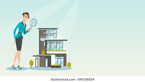 Young caucasian business woman using a magnifying glass for looking for a new house. Woman using a magnifying glass to look closer at a house model. Vector flat design illustration. Horizontal layout.