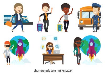 Young caucasian business woman walking on the background of train. Woman going out of train. Business woman at the train station. Set of vector flat design illustrations isolated on white background.