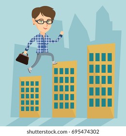 Young caucasian business woman walking on the roofs of buildings over a cityscape representing business success. Happy business woman going to success. Vector cartoon illustration. Square layout.