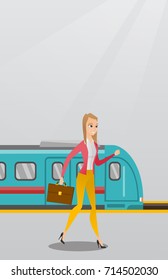 Young caucasian business woman walking on railway station platform on the background of train. Happy business woman with briefcase going out of the train. Vector cartoon illustration. Vertical layout.