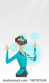 Young caucasian business woman wearing virtual reality headset and looking at icon of shopping trolley. Concept of virtual reality and online shopping. Vector cartoon illustration. Vertical layout.