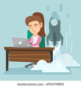 Young caucasian business woman working on a laptop on a new business start up while rocket taking off behind her back. Business start up, innovation concept. Vector cartoon illustration. Square layout