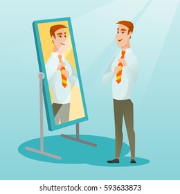 Young caucasian businessman adjusting tie in front of the mirror. Business man looking himself in the mirror. Man checking his appearance in the mirror. Vector flat design illustration. Square layout.