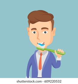 Young caucasian businessman brushing his teeth. Smiling man cleaning teeth. Cheerful man taking care of his teeth. Happy man with toothbrush in hand. Vector flat design illustration. Square layout.
