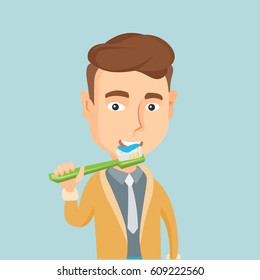 Young caucasian businessman brushing his teeth. Smiling man cleaning teeth. Cheerful man taking care of his teeth. Happy man with toothbrush in hand. Vector flat design illustration. Square layout.
