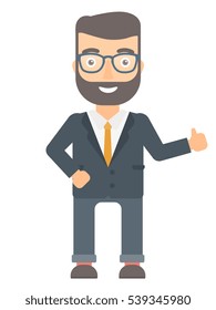 Young caucasian businessman giving thumb up. Smiling businessman with thumb up. Cheerful hipster businessman with beard showing thumb up. Vector flat design illustration isolated on white background.