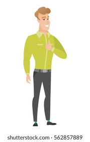 Young caucasian businessman giving thumb up. Full length of smiling businessman with thumb up. Cheerful businessman showing thumb up. Vector flat design illustration isolated on white background.
