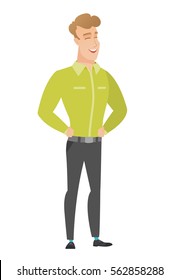 Young caucasian businessman laughing. Businessman laughing with hands on his stomach. Businessman laughing with closed eyes and open mouth. Vector flat design illustration isolated on white background