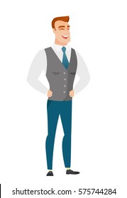 Young caucasian businessman laughing. Businessman laughing with hands on his stomach. Businessman laughing with closed eyes and open mouth. Vector flat design illustration isolated on white background