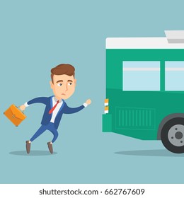 Young Caucasian Businessman Running For An Outgoing Bus. Man With Briefcase Chasing A Bus. Latecomer Man Running To Reach A Bus. Vector Flat Design Illustration. Square Layout