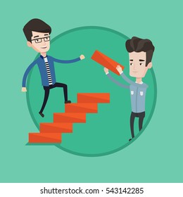 Young caucasian businessman runs up the career ladder while another man builds this the career ladder. Concept of business career. Vector flat design illustration in the circle isolated on background.