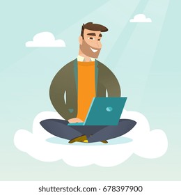 Young caucasian businessman sitting on a cloud and working on a laptop. Hipster businessman using cloud computing technologies. Concept of cloud computing. Vector cartoon illustration. Square layout.