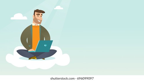 Young caucasian businessman sitting on cloud and working on laptop. Hipster businessman using cloud computing technologies. Concept of cloud computing. Vector cartoon illustration. Horizontal layout.