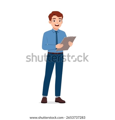 Young Caucasian businessman standing while holding clipboard in hand smiling illustration