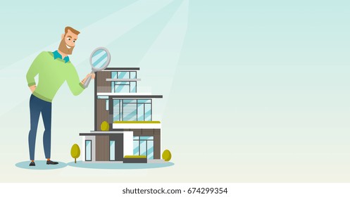 Young caucasian businessman using a magnifying glass for looking for a new house. Man using a magnifying glass to look closer at a house model. Vector flat design illustration. Horizontal layout.