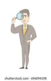 Young caucasian businessman using a magnifying glass for search. Businessman looking through a magnifying glass. Concept of search. Vector sketch cartoon illustration isolated on white background.